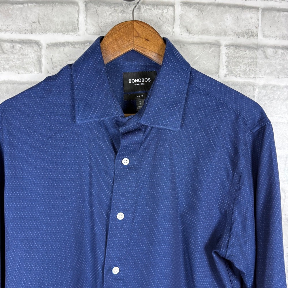 Bonobos Mens Slim Fit Wrinkle Free Dress Shirt Navy Blue Micro Dot Size MEDIUM